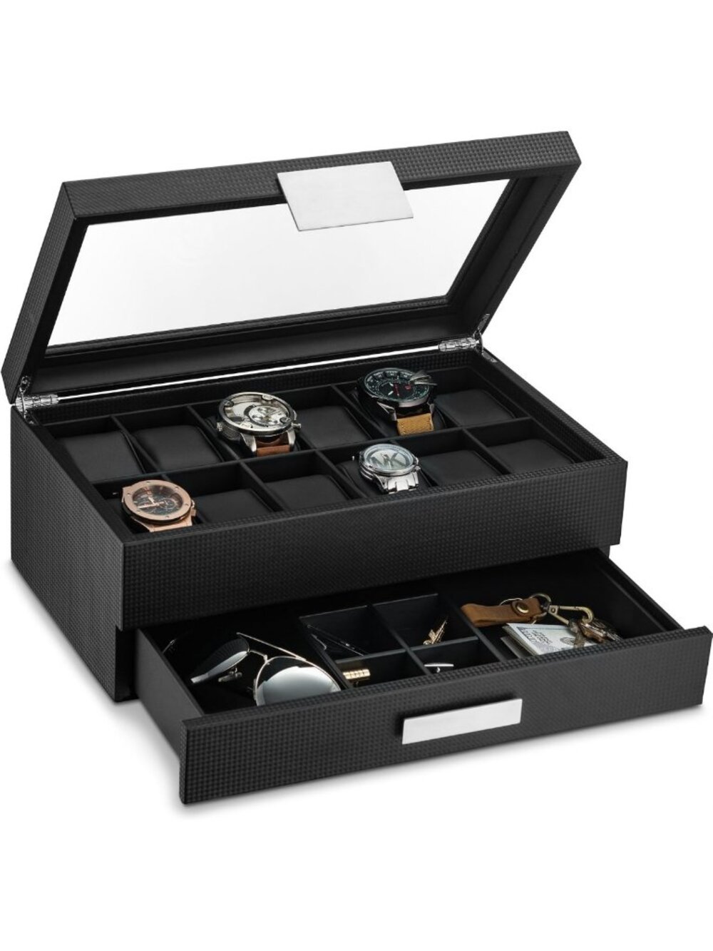 Luxury 12-Slot Watch Box with Valet Drawer - Carbon Fiber Display Organizer for